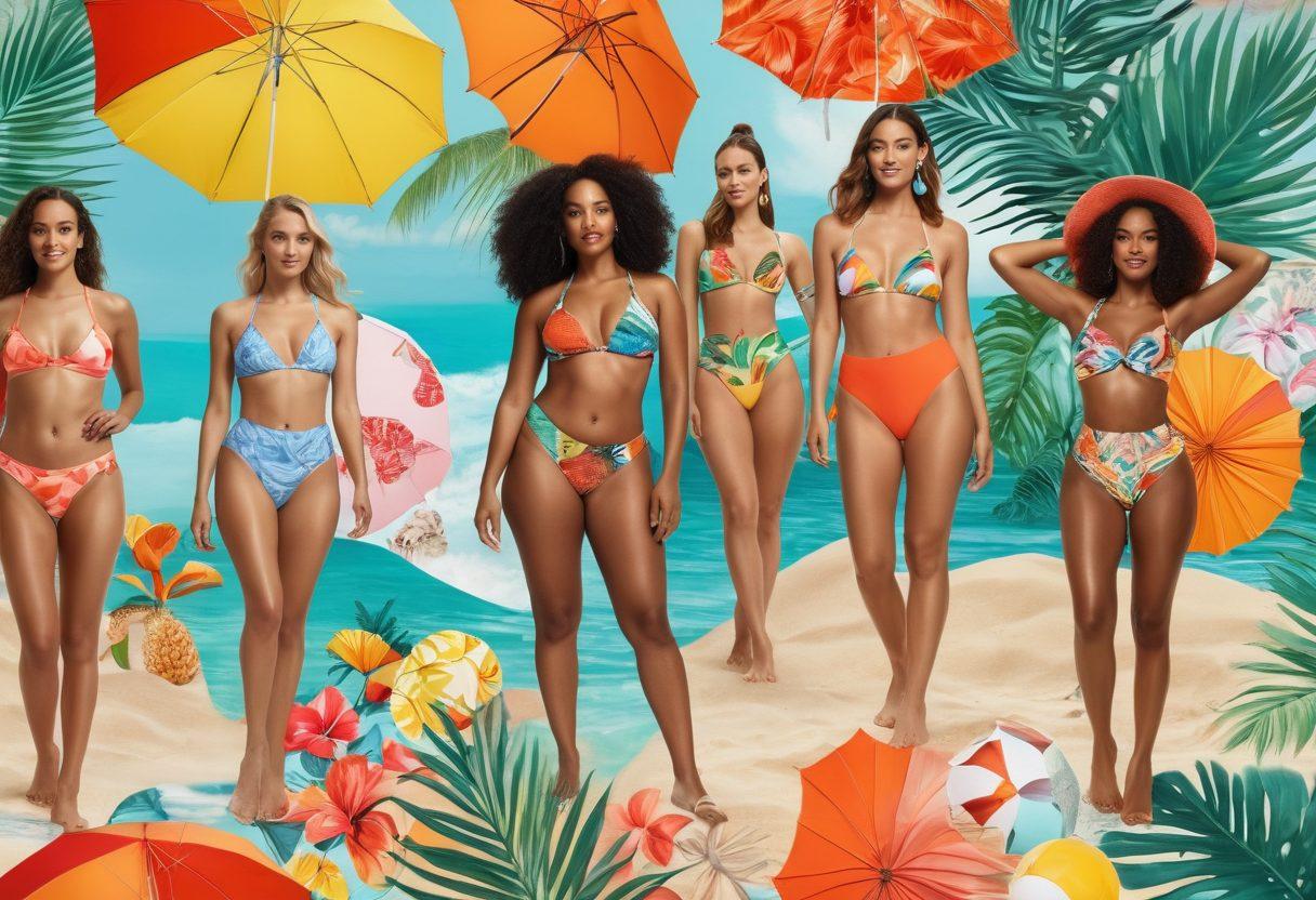 A vibrant collage showcasing various swimwear styles from retro to modern activewear, depicting models on a sunny beach enjoying different beach vibes. Include colorful patterns and textures of swimwear, with elements like waves, beach umbrellas, and tropical backgrounds to create a fun atmosphere. Emphasize variety in body types and swimwear designs to represent inclusivity. use a bright and lively color palette. super-realistic. vibrant colors.