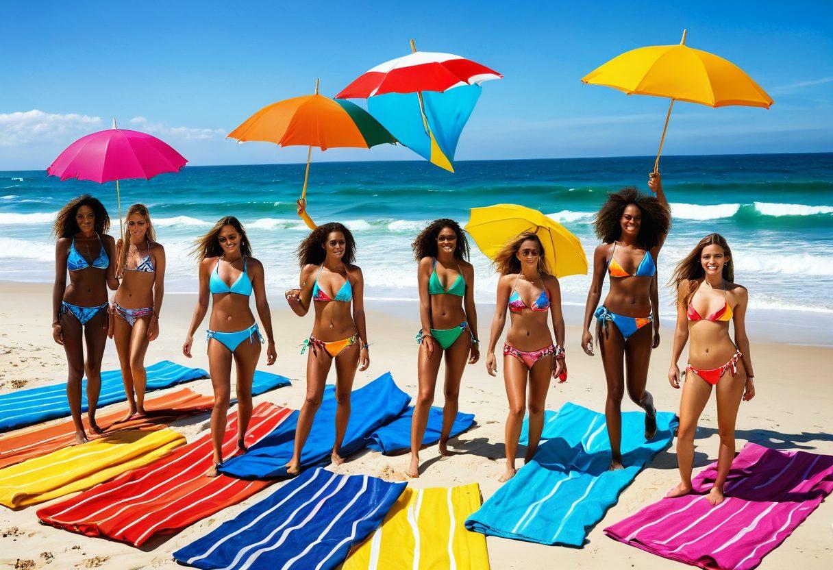 A sun-kissed beach scene featuring diverse models showcasing vibrant bikinis in various styles, surrounded by beach accessories like umbrellas and surfboards. Include bright blue waves and a clear sky to evoke a lively summer atmosphere. Capture the joy of beach adventures with playful interactions and colorful beach towels. super-realistic. vibrant colors. white background.